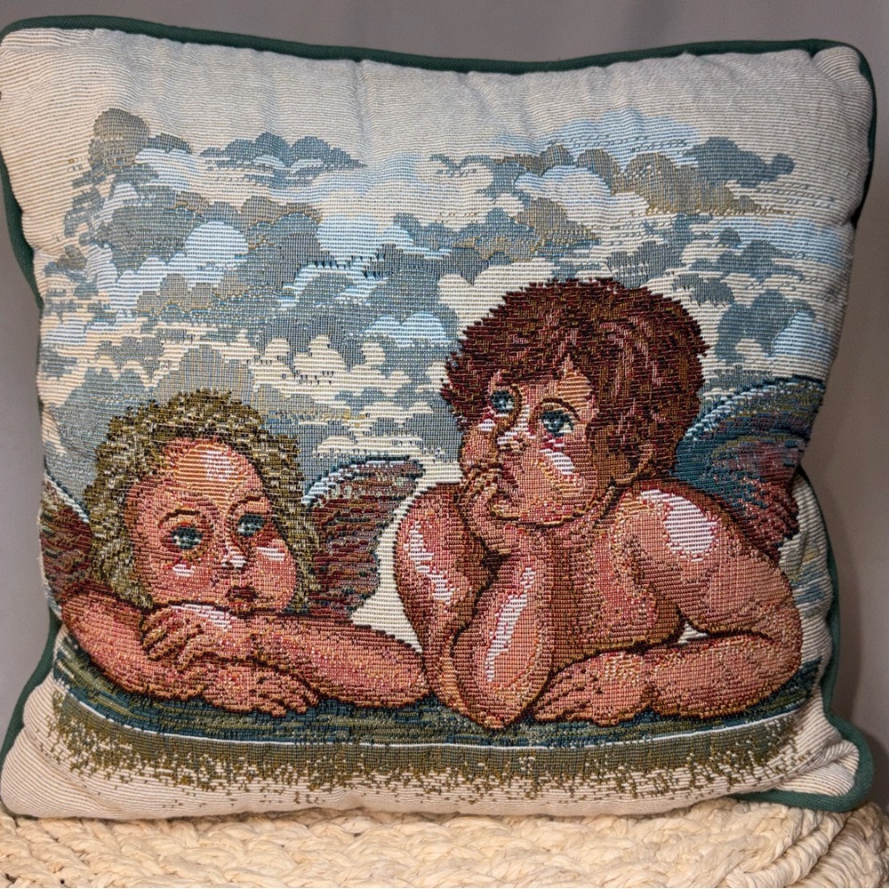 Vintage Angel Cherub Tapestry Pillow 12x12 Cottagecore Rococo Romantic Home Deco
